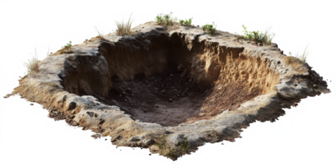 Hole in ground isolated. Deep earth nature land surface texture, dig, pit, burrow, soil 
