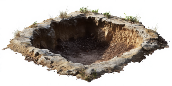 Hole in ground isolated. Deep earth nature land surface texture, dig, pit, burrow, soil 
