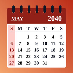 May 2040 Calendar Design. Vector illustration of a May planner elements. May 2040 Monthly Calendar. Simple flat design for business and personal use