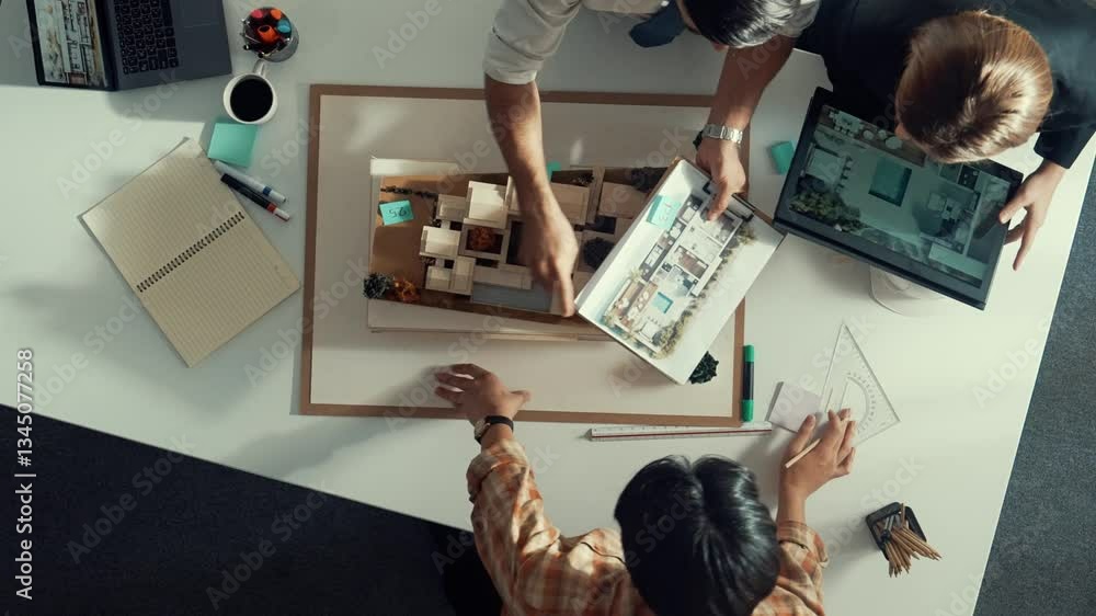 Poster top down view of manager pointing at house model and explain building design. aerial view of archite