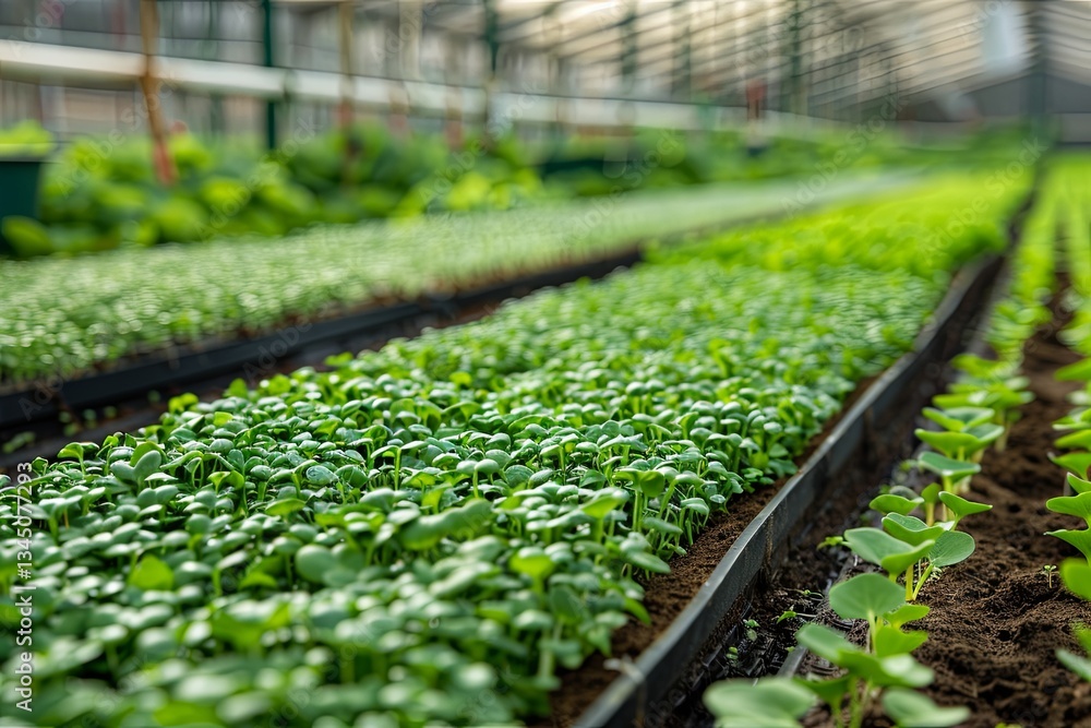 Poster growing microgreens in a greenhouse with advanced drip irrigation system for optimal nutrition and g