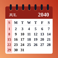 July 2040 Calendar Template. Vector illustration of a July planner. July 2040 Monthly Calendar. Simple and clean flat design for all purposes