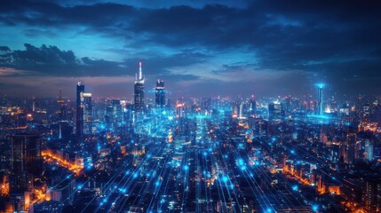 Fototapeta premium Aerial view of a city at night with illuminated connections. Possible use for stock photo of global connectivity