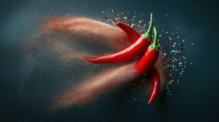Three Red Chili Peppers With Spice And Scattered Salt Grains