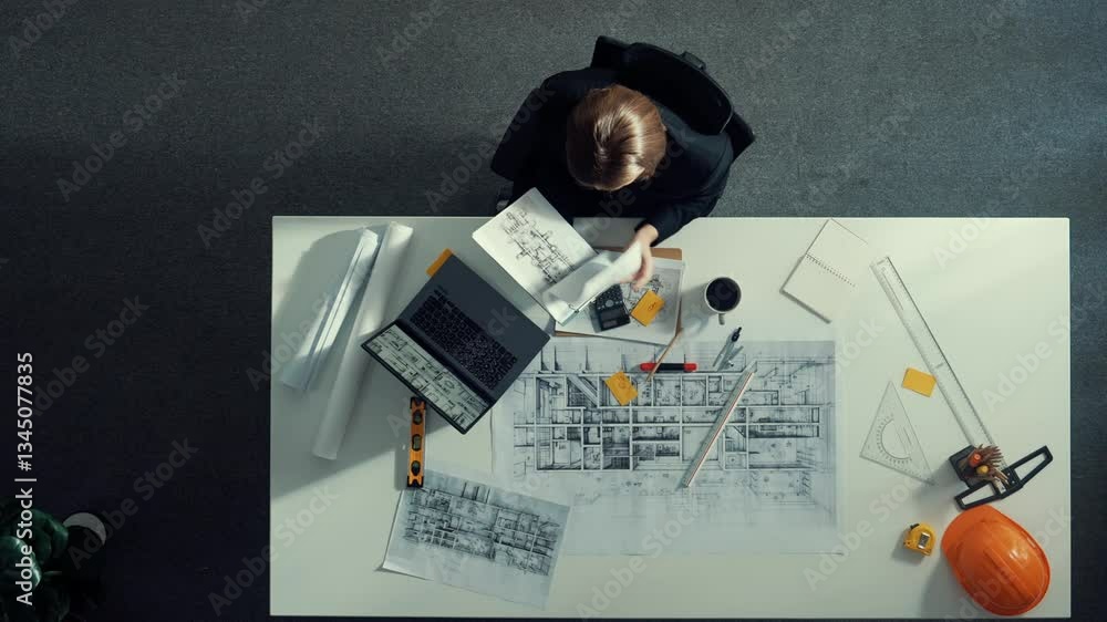 Poster architect engineer working while working on laptop with sticky notes and calculator to design buildi