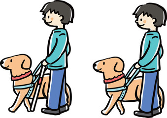 盲導犬を連れて散歩する男性のイラストセット(白杖あり、なし)