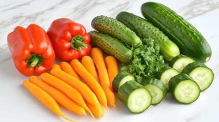 Fresh carrots, peppers, cucumbers on marble. Healthy eating