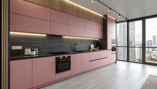 Contemporary kitchen interior with pink cabinets, minimalist design, and modern appliances.
