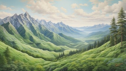 Fototapeta premium A vast landscape of rolling green mountains stretches across the image,