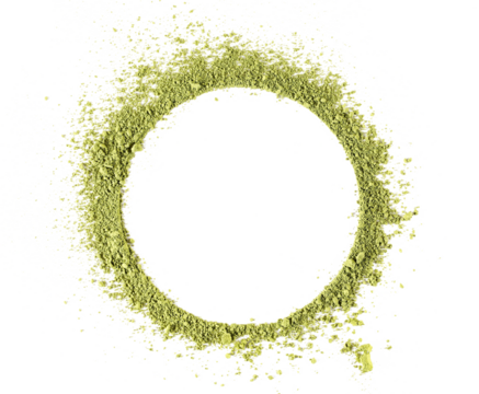 Matcha bright green powder pile, frame isolated on white background, top view