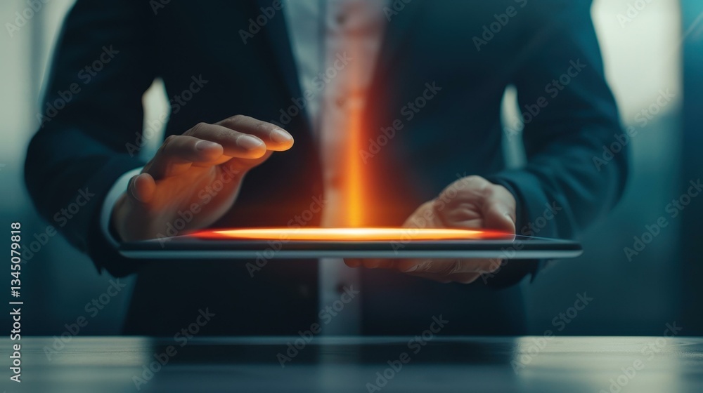 Poster a businessman interacts with a tablet displaying a holographic robot, symbolizing the future of ai t