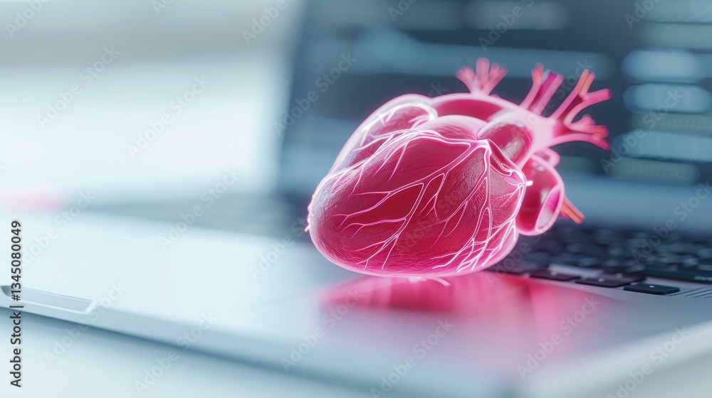 Poster a closeup view of a laptop featuring a digital heart hologram, perfect for testing in a modern lab w