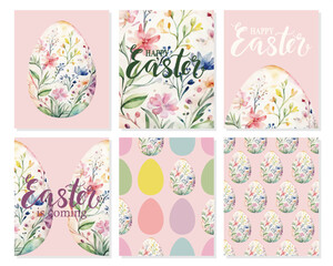 Set of colored waterc olor Easter eggs with flowers on green background. Easter greeting cards, vector illustration, wallpaper, print