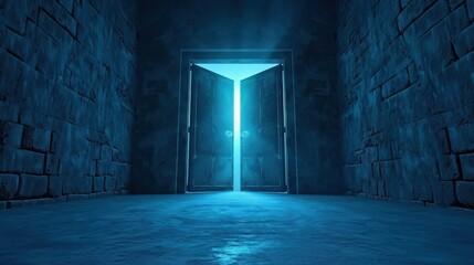 Obraz premium A mysterious dark room with glowing doors invites you to a magical realm beyond the starry sky, filled with wonder.
