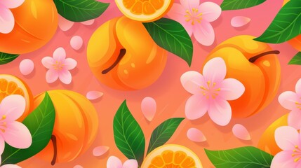 Naklejka premium A vibrant seamless fruit pattern featuring peaches, delicate flowers, and lush leaves, capturing vintage botanical charm.