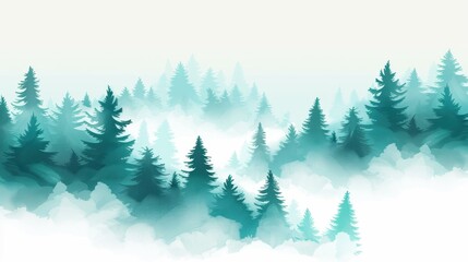 Fototapeta premium Immerse yourself in a serene forest backdrop with lush evergreens, thick fog, and towering conifers for a tranquil escape.