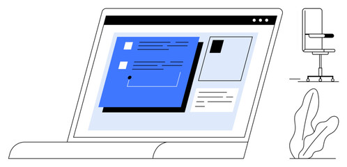 Laptop screen with interactive dashboard, task cards, and graphics. Office chair and plant add workspace vibes. Ideal for productivity, project management, remote work, UI design, technology digital