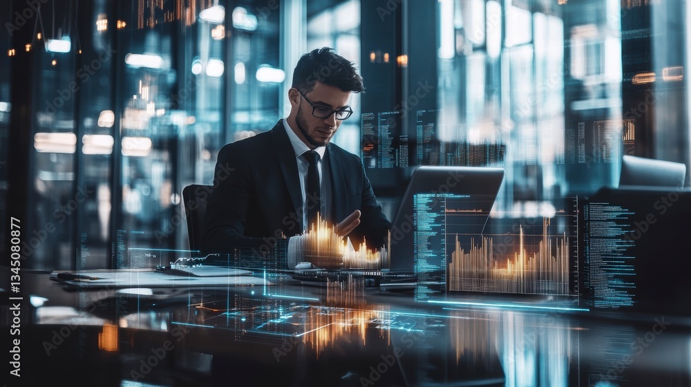 Aufkleber businessman coding in modern office with holographic interface