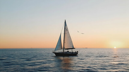 Sailboat Sailing On Calm Ocean Water Under Sunset Sky Silhouette Boat Reflection