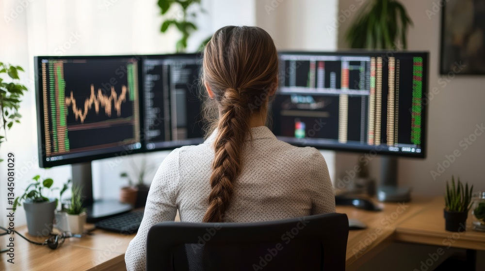 Fototapete woman working from home at desk with multiple computer screens. possible use stock photo for remote 