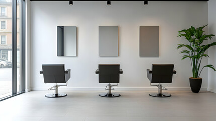 Modern Hair Salon Interior With Mirrors Chairs and Potted Plant Against White Wall With Natural Light and Concrete Floor