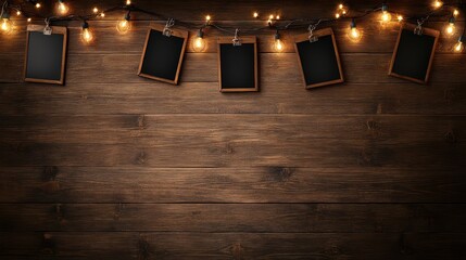 Decorative String Lights and Boards Hanging Above Wooden Planks