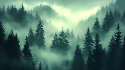 Foggy pine forest with tall evergreen trees