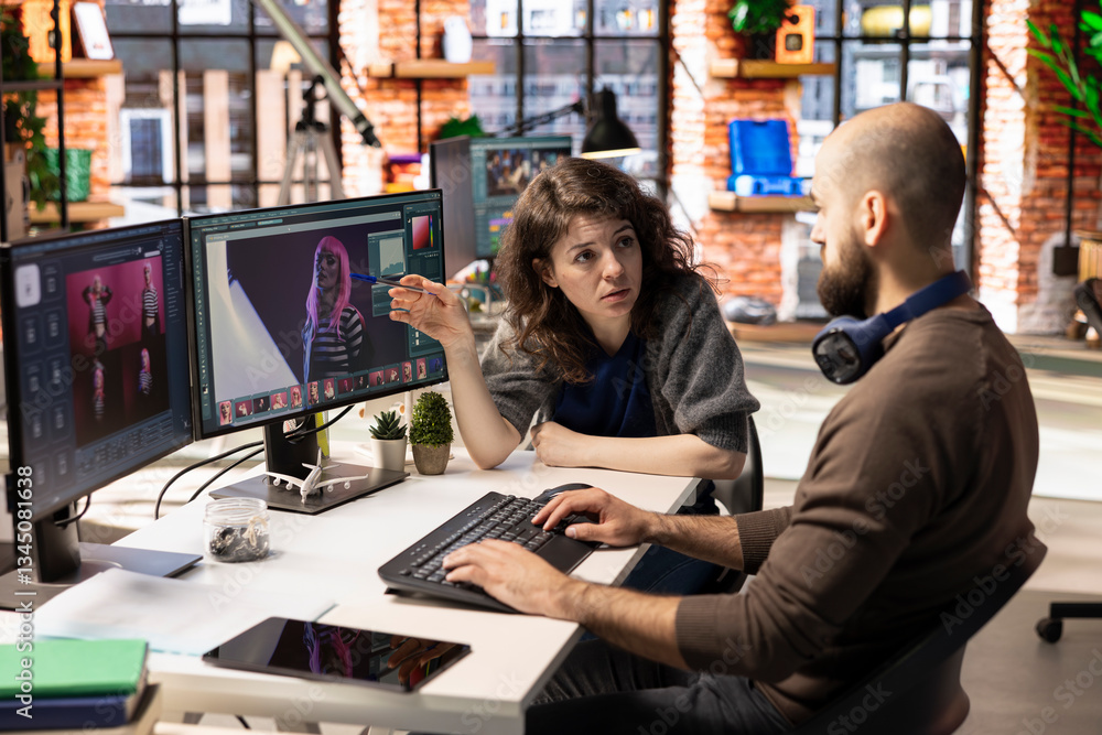 Poster professional photo editor interacts with ai chatbot and retouching software on dual monitors, using 