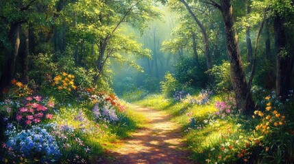 Fototapeta premium Serene Nature Pathway Through Lush Green Forest Filled With Colorful Wildflowers Under Soft Morning Light