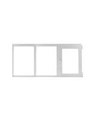 A white three-section sliding window frame is isolated. Close-up.