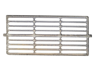 A cast iron storm drain grate is isolated. Used in street drainage systems to prevent debris from...