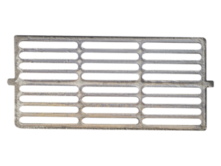 A cast iron storm drain grate is isolated. Used in street drainage systems to prevent debris from entering underground pipes. Close-up.