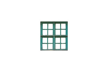 A vintage green wooden window frame with four sections and multiple panes is isolated. The frame has a weathered look.
