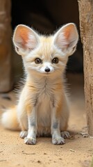 Fennec fox kit sits alert in sandy habitat, focusing on viewer