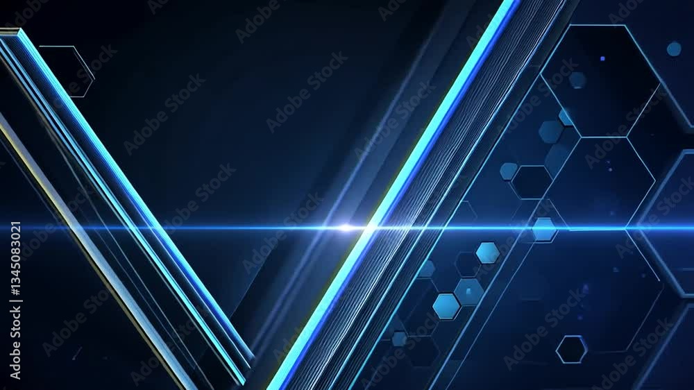 Poster abstract dark blue tech background with glowing lines and hexagonal patterns.