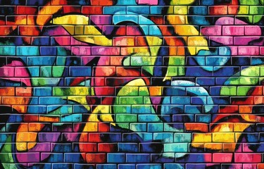 Fototapeta premium A vibrant illustration of an abstract brick wall with colorful graffiti intricate details and bold colors on the bricks Generative AI