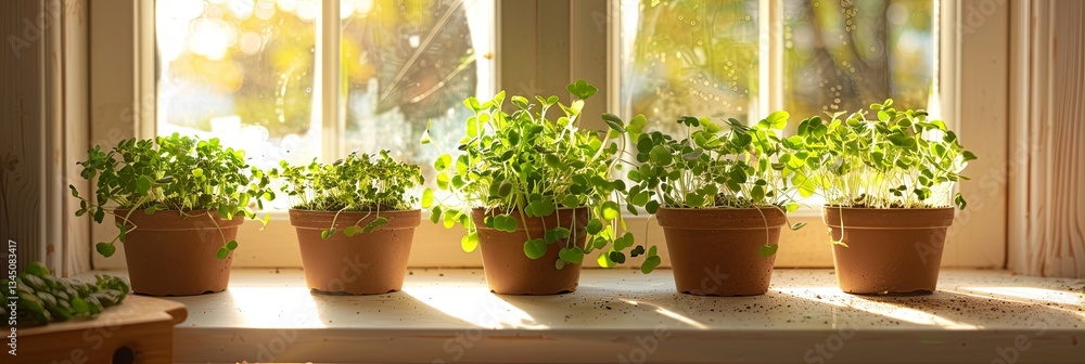 Poster Sunlit kitchen window with vibrant microgreens in stylish pots creating a warm and inviting atmosphere Generative AI