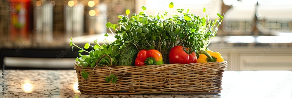 Poster rustic basket brimming with fresh microgreens and colorful vegetables on kitchen countertop generati