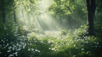 Obraz premium Lush Green Forest with Soft Sunlight Streaming Through the Trees and Vibrant Wildflowers in Bloom