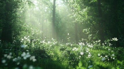 Obraz premium Serene Forest Landscape with Sunlight Filtering Through Lush Green Trees and Delicate White Wildflowers in a Tranquil Environment