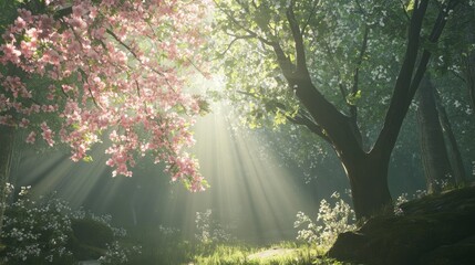Obraz premium Serene Forest Scene with Sunlight Filtering through Blossoming Trees and Vibrant Greenery in a Tranquil Nature Setting