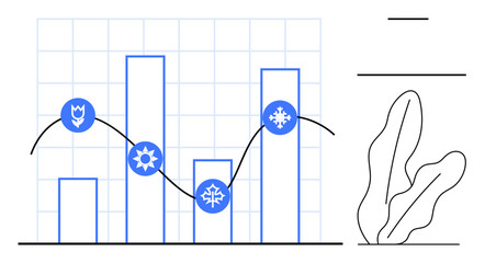 Bar chart with connected seasonal icons flower, sun, snowflake highlighting trends and variations. Ideal for weather patterns, analytics, data visualization, forecasting, business cycles, education