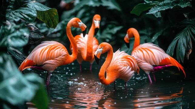 Flamingos in a lush, tropical enclosure. Four vibrant pink flamingos interacting near a still water source, surrounded by lush green foliage