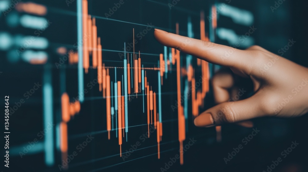 Aufkleber hand pointing at stock chart on monitor