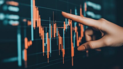 Hand pointing at stock chart on monitor