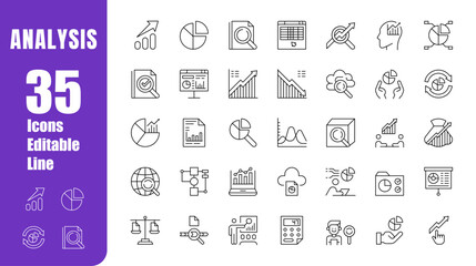 Conjunto de iconos editable de análisis. Datos, estadísticas, informes, métricas, investigación. Ilustración vectorial en estilo moderno