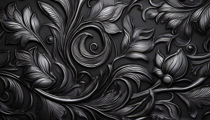 Black plaster background floral pattern. Abstract metal texture of gypsum wall. Generated image