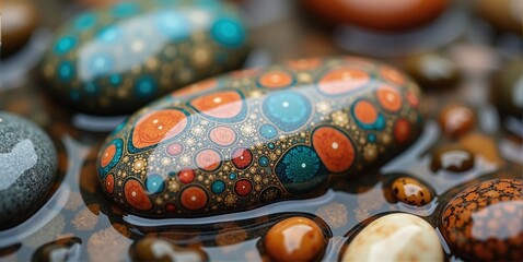 Colorful mineral stones, smoothed by river water, surface through erosion and earth movements. Earth's hidden gems revealed in riverbeds