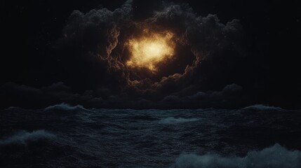 Fototapeta premium Dark clouds obscure a luminous celestial body over a stormy sea
