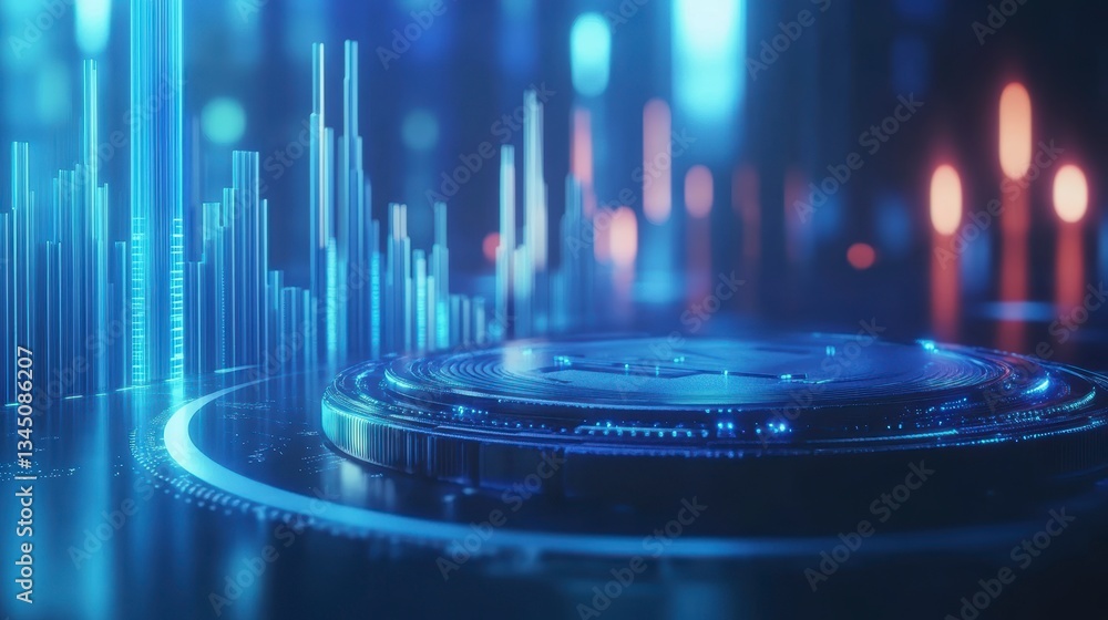 Poster Futuristic data display interface, abstract digital city background. Possible use for technology, innovation, or data visualization